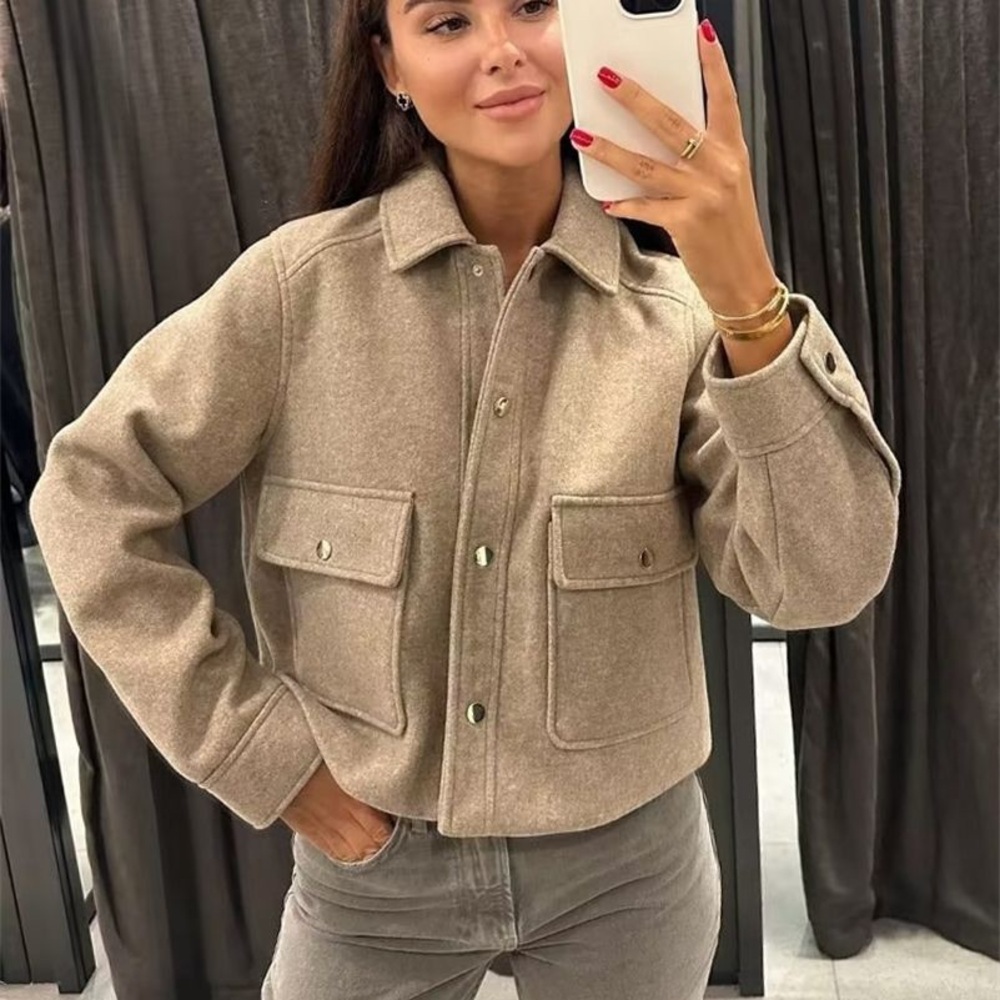 Zara Jacket Womens XL Beige Cropped Shacket Coat Minimalist Boxy Old Money Chic
